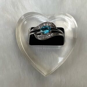 925 Sterling Silver Aquamarine and Clear CZ Ring